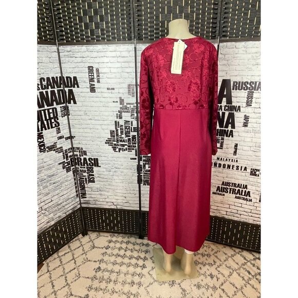 Susan Graver Studio M Maroon Floral Flocked Bodice Long Sleeve Long Dress - Picture 4 of 6